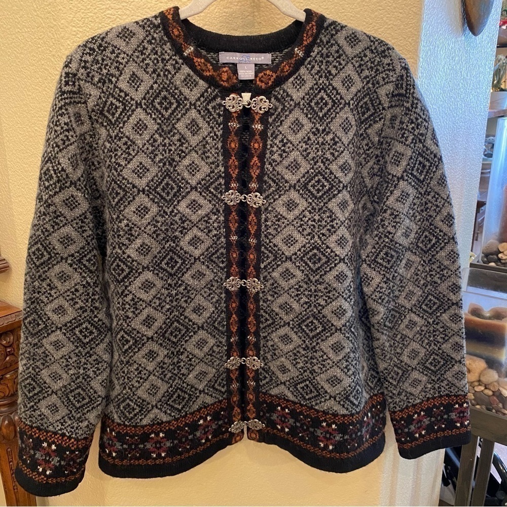 CARROLL REED Women 100% Wool Silver Hook Cardigan Sweater Size Large